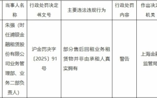 浦银金租违规责任人被警告 为浦发银行控股子公司