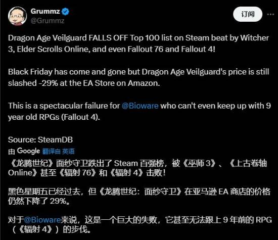 Steam在线玩家榜上已经不在前100了 《龙腾4》大概凉了-第1张图片-芙蓉之城