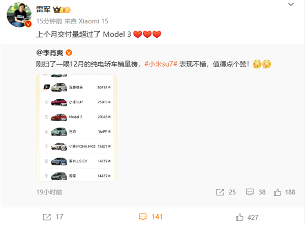 小米电动车超越特斯拉Model 3，雷军亲自下场背书！-第1张图片-芙蓉之城