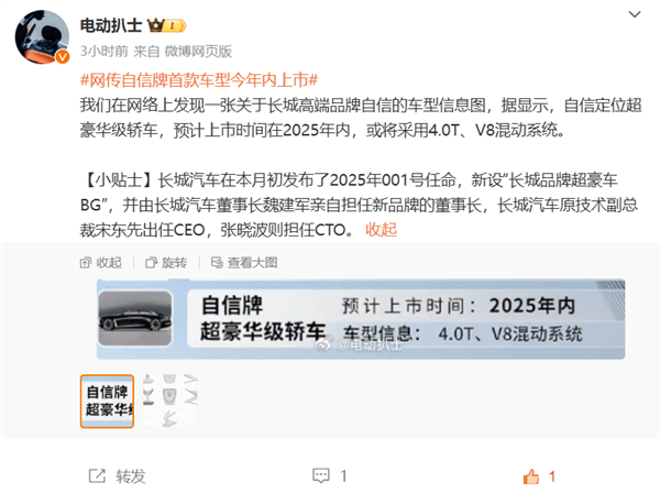 曝长城超豪华自信牌轿车年内上市：搭载4.0T V8混动系统-第1张图片-芙蓉之城