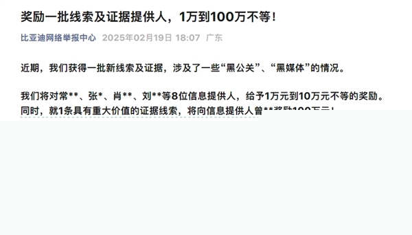 最高100万元！比亚迪对9位线索/证据提供人发放奖励-第1张图片-芙蓉之城