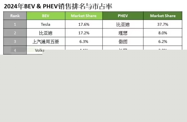 2024全球新能源销量榜：特斯拉、比亚迪分别夺得纯电与插混冠军-第1张图片-芙蓉之城