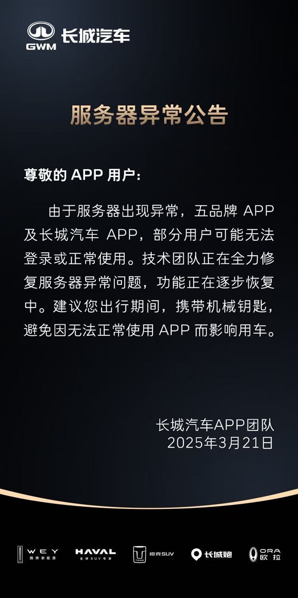长城汽车APP崩了 没带钥匙的车主纷纷车外罚站：官方已回应-第4张图片-芙蓉之城