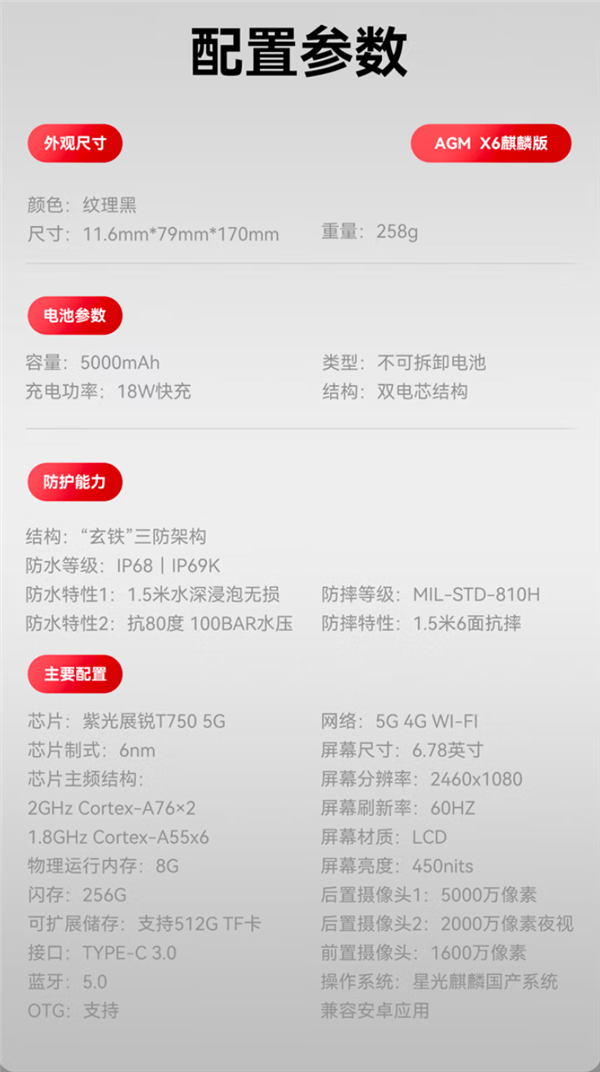 芯片系统全国产！AGM X6麒麟版三防手机开售：2519元-第4张图片-芙蓉之城