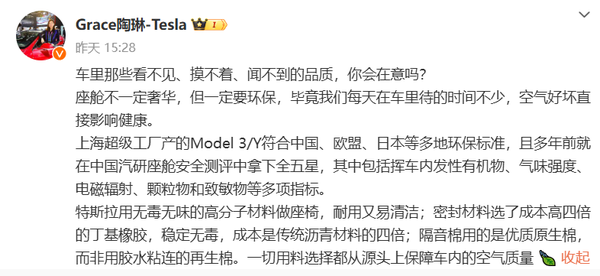 特斯拉被吐槽毛坯内饰！陶琳：新能源车座舱不一定要奢华 必须环保-第1张图片-芙蓉之城