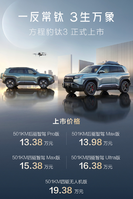 年轻人第一台纯电硬派系SUV！方程豹钛3正式上市：13.38万起-第1张图片-芙蓉之城