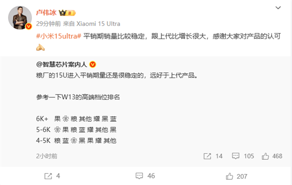 卢伟冰：小米15 Ultra销量稳定 跟上代比增长很大-第2张图片-芙蓉之城