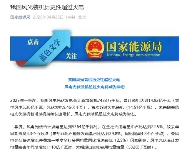 国家能源局：我国风光装机历史性超过火电-第1张图片-芙蓉之城