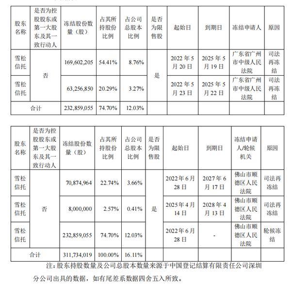 雪松信托被申请强制执行 所持相关上市公司股份被冻结-第1张图片-芙蓉之城