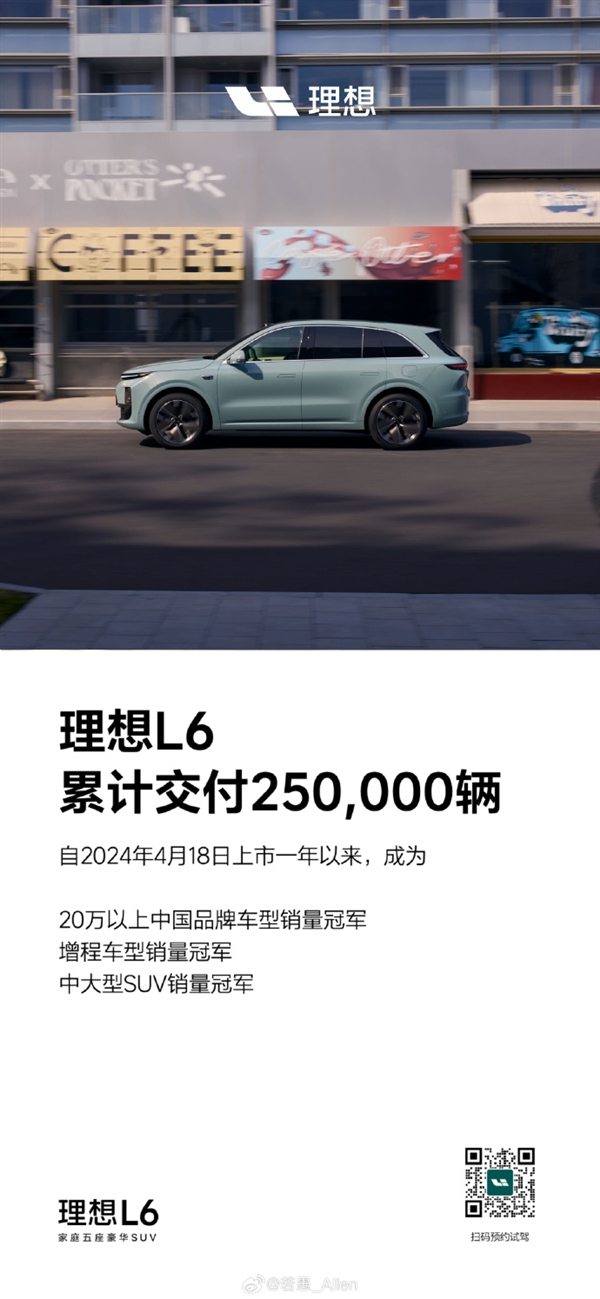 上市仅一年 理想L6交付破25万辆！斩获三个冠军-第1张图片-芙蓉之城