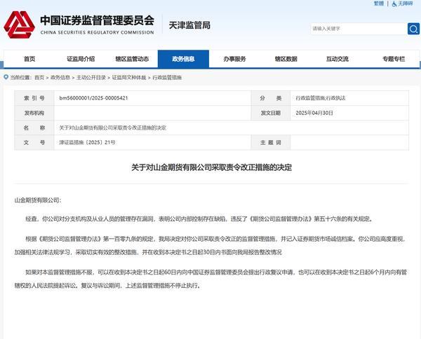 山金期货被采取责令改正措施：因公司对分支机构及从业人员的管理存在漏洞-第1张图片-芙蓉之城