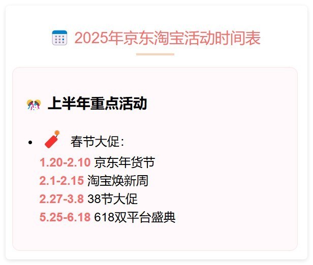 2025年京东淘宝活动时间表一览全年活动时间节点汇总-第2张图片-芙蓉之城